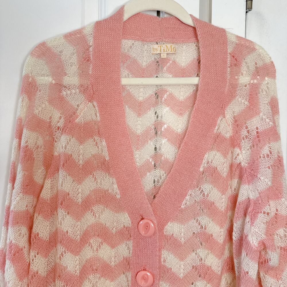 BYTIMO Wool Mohair Knit Pink Chevron Striped Button Down Cardigan | Small - Picture 4 of 10